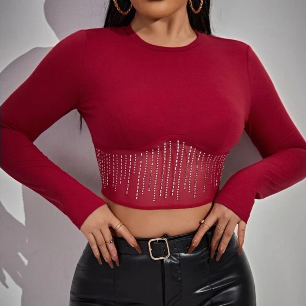 Rhinestone Detail Contrast Mesh Crop Tee
